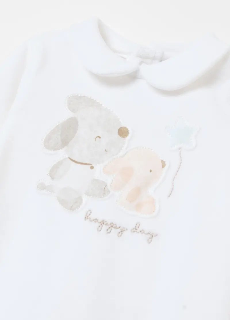 Tutina In Velour Con Piedini E Ricamo, Neonato, Bianco miniatura 3