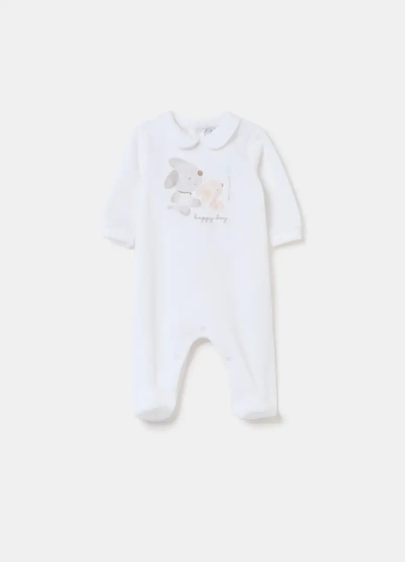 Tutina In Velour Con Piedini E Ricamo, Neonato, Bianco