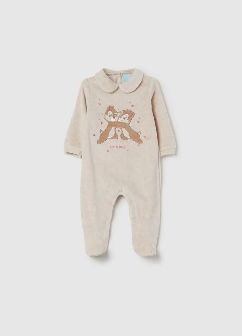 Tutina In Velour Con Piedini Ricamo Cip & Ciop, Neonata, Beige