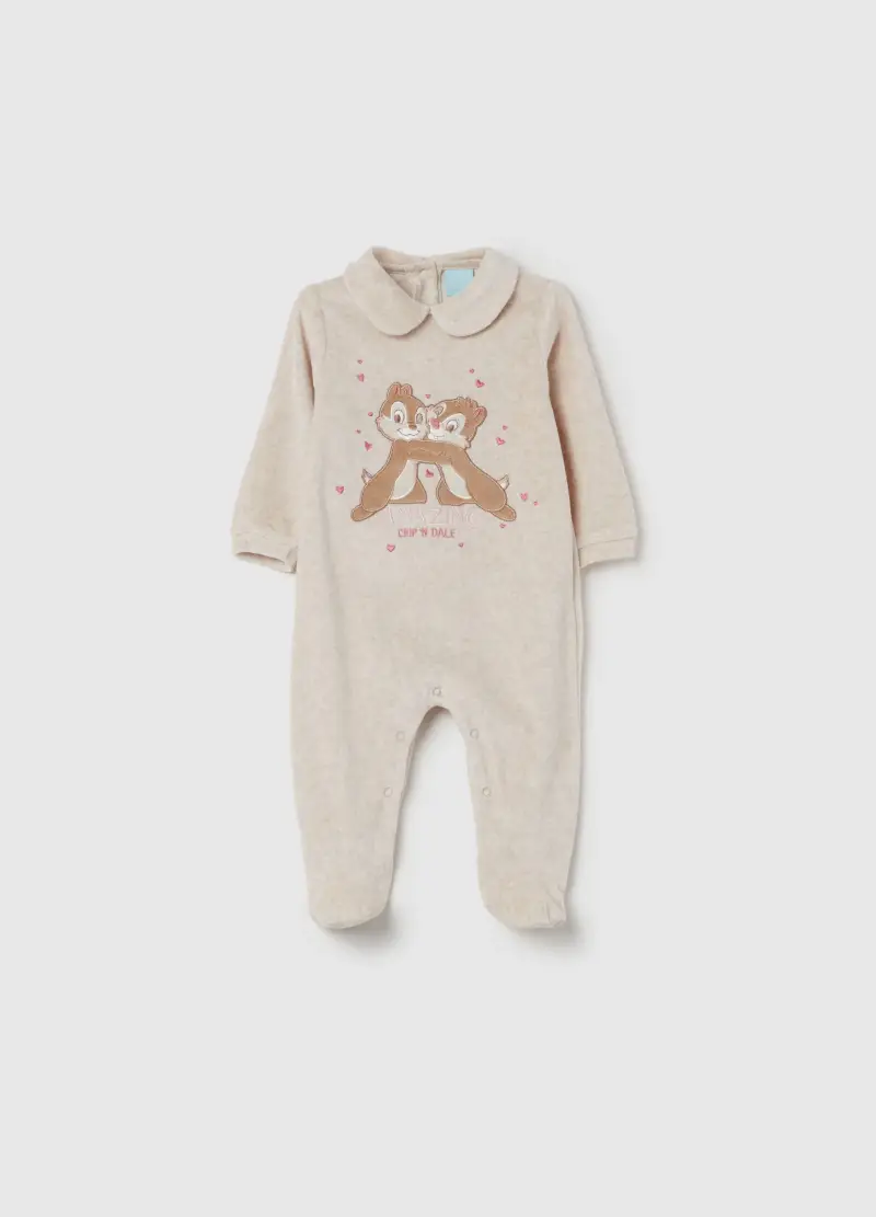 Tutina In Velour Con Piedini Ricamo Cip & Ciop, Neonata, Beige