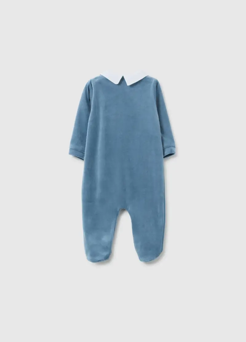 Tutina Intera Blu Da Neonato In Misto Cotone Regular Fit Con Ricamo, Blu miniatura 2