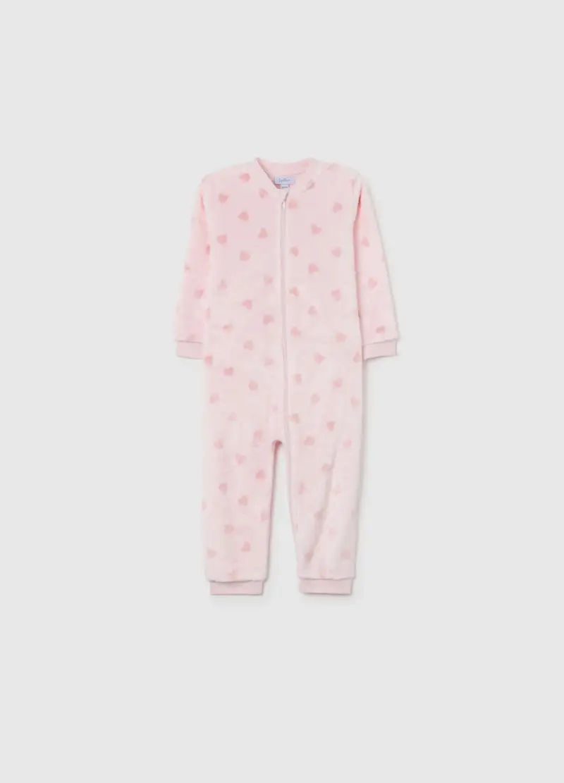 Tutina Rosa In Fleece Con Cuori, Bambina, Beige