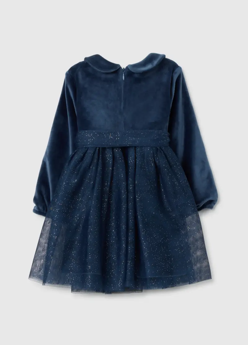 Vestito Da Bimba In Velour Blu Elasticizzato Con Glitter, Bambina, Blu miniatura 2