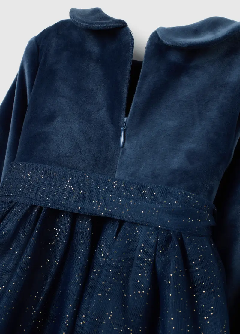 Vestito Da Bimba In Velour Blu Elasticizzato Con Glitter, Bambina, Blu miniatura 3