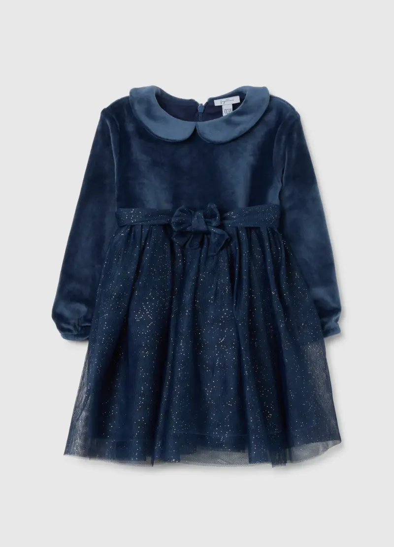 Vestito Da Bimba In Velour Blu Elasticizzato Con Glitter, Bambina, Blu