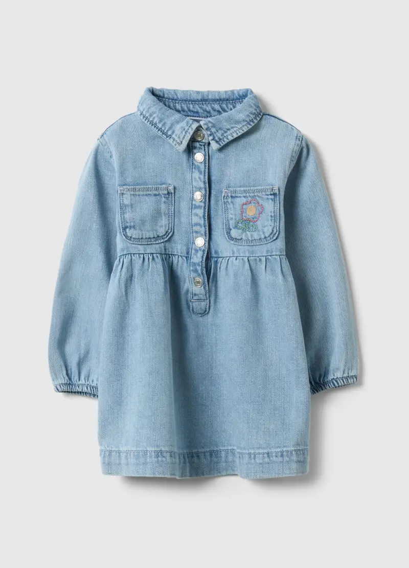 Vestito In Misto Cotone Azzurro Da Bimba Regular Fit Con Colletto, Bambina, Denim