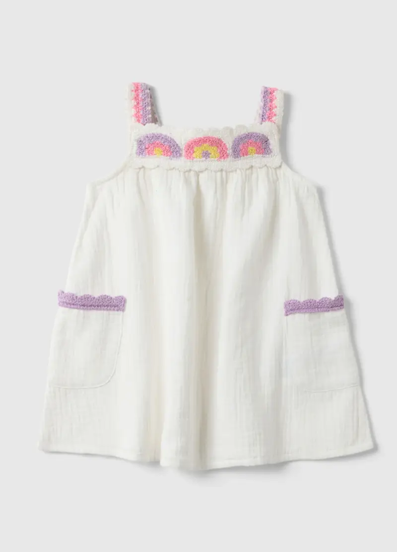 Vestito In Puro Cotone Bianco Da Bimba Regular Fit Con Ricami, Bambina, Bianco