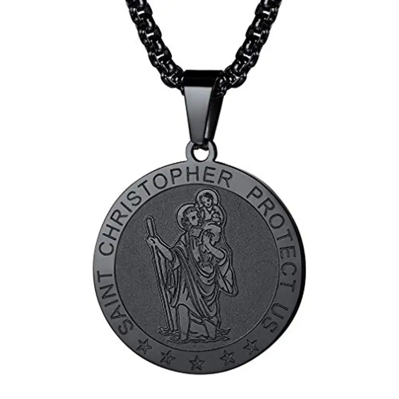 FaithHeart Collana Uomo Donna San Cristoforo Argento Nero Oro 3D Rilievo Rotondo Ovale Amuleto Talismano in 316L