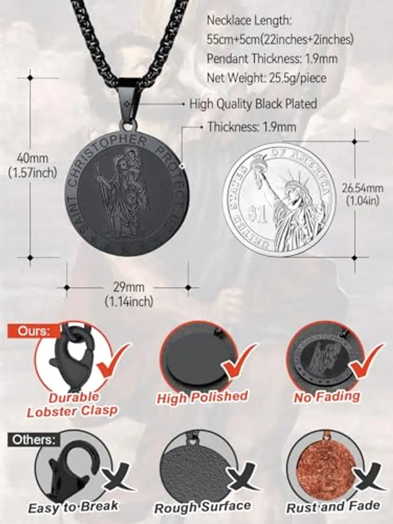 FaithHeart Collana Uomo Donna San Cristoforo Argento Nero Oro 3D Rilievo Rotondo Ovale Amuleto Talismano in 316L miniatura 2