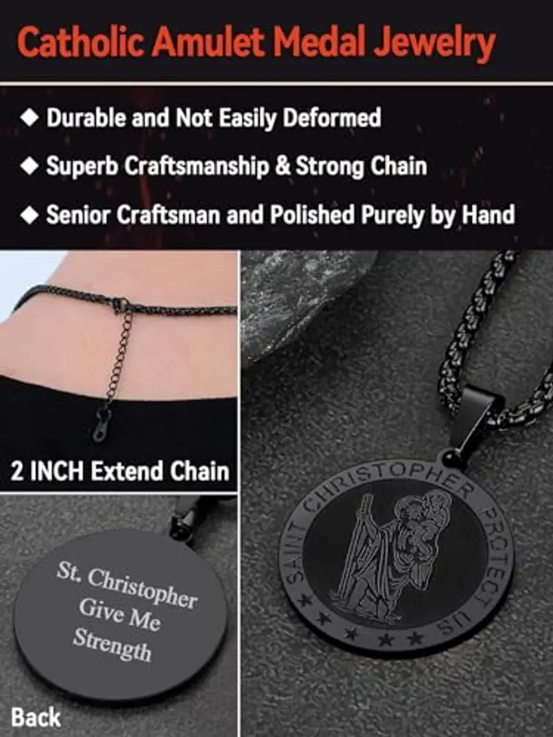 FaithHeart Collana Uomo Donna San Cristoforo Argento Nero Oro 3D Rilievo Rotondo Ovale Amuleto Talismano in 316L miniatura 3