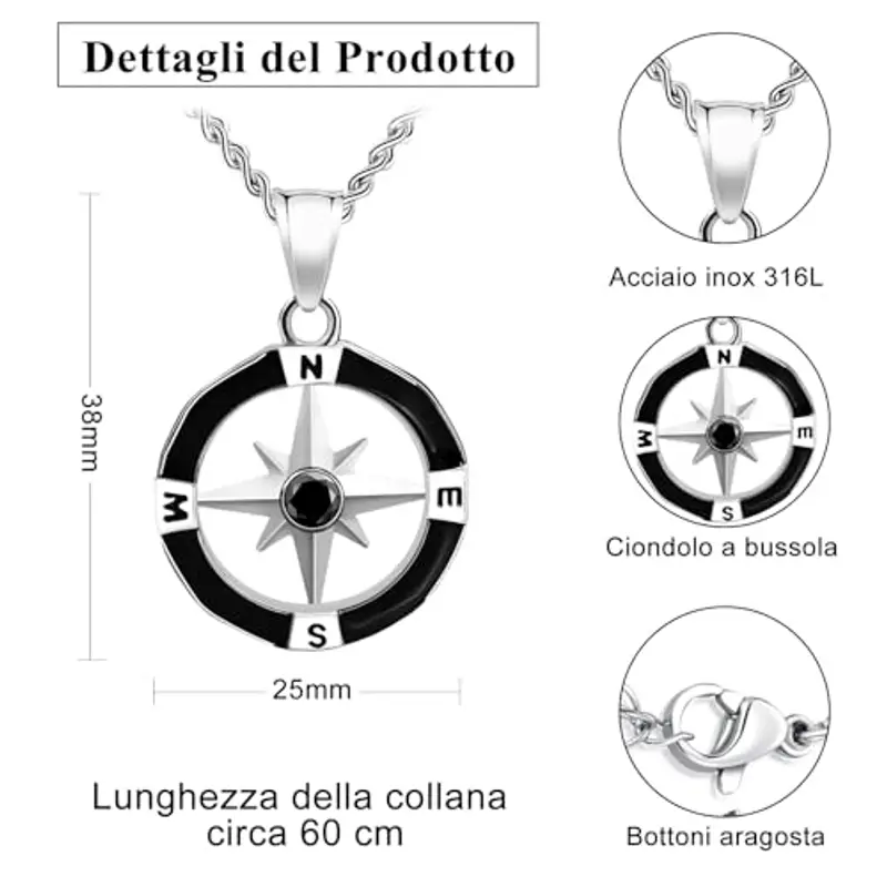FANCIBAND Regalo Laurea Uomo Ragazzo, Bussola Collana Uomo Acciaio Ossidiana, Idee Regali Laurea Originali per la Figlio Fidanzato Amica Maestra Dottoressa Regali Graduazione per Lui miniatura 2