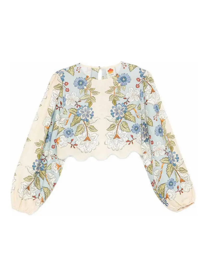 Top con stampa floreale in lino beige e blu