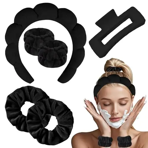 Fasce Spa per le donne, 1 fascia per il trucco e 2 fasce per il lavaggio del polso, 2 elastici per capelli e 1 set di
