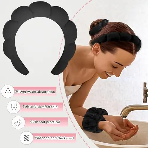 Fasce Spa per le donne, 1 fascia per il trucco e 2 fasce per il lavaggio del polso, 2 elastici per capelli e 1 set di miniatura 2