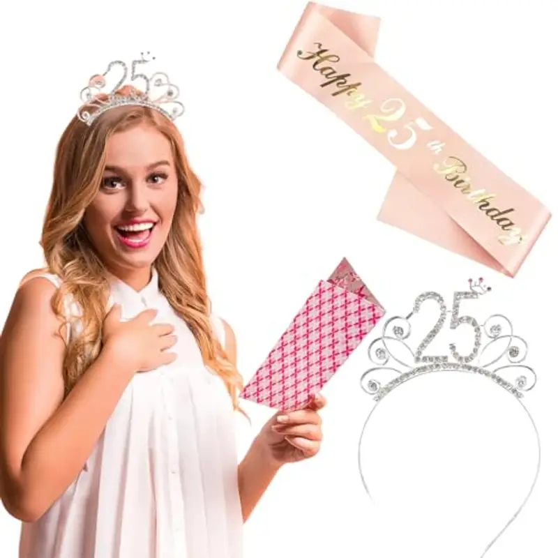 Fascia e diadema per il 25° compleanno, corona di compleanno in oro rosa 25 e favolosa fascia e diadema per donne, Decorazione per ragazza con fascia per corona di compleanno