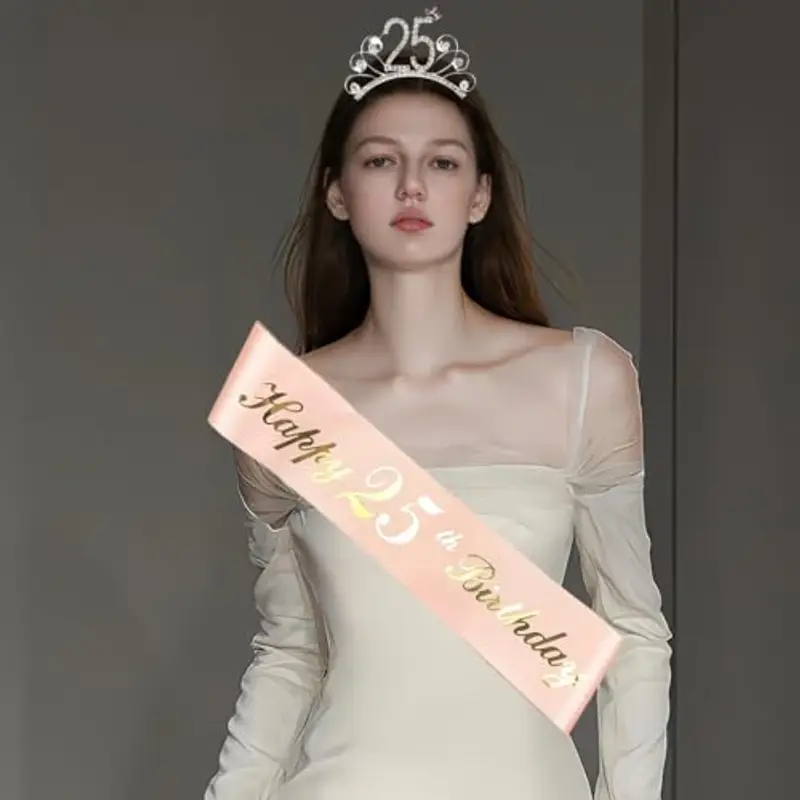 Fascia e diadema per il 25° compleanno, corona di compleanno in oro rosa 25 e favolosa fascia e diadema per donne, Decorazione per ragazza con fascia per corona di compleanno miniatura 2