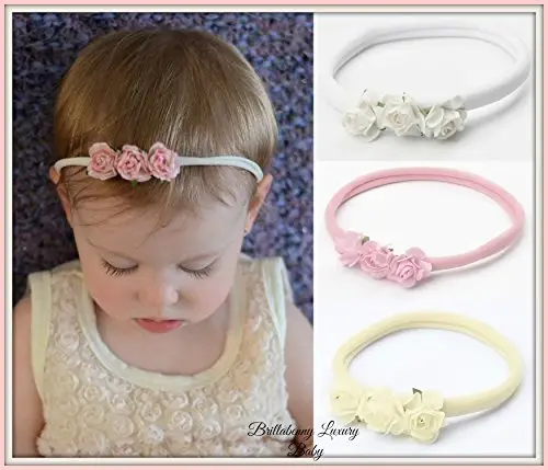 FASCIA ELASTICA BABY per CAPELLI con 3 FIORI FIORELLINI 0-MESI NEONATO per Feste Battesimi, Comunioni, Wedding miniatura 3