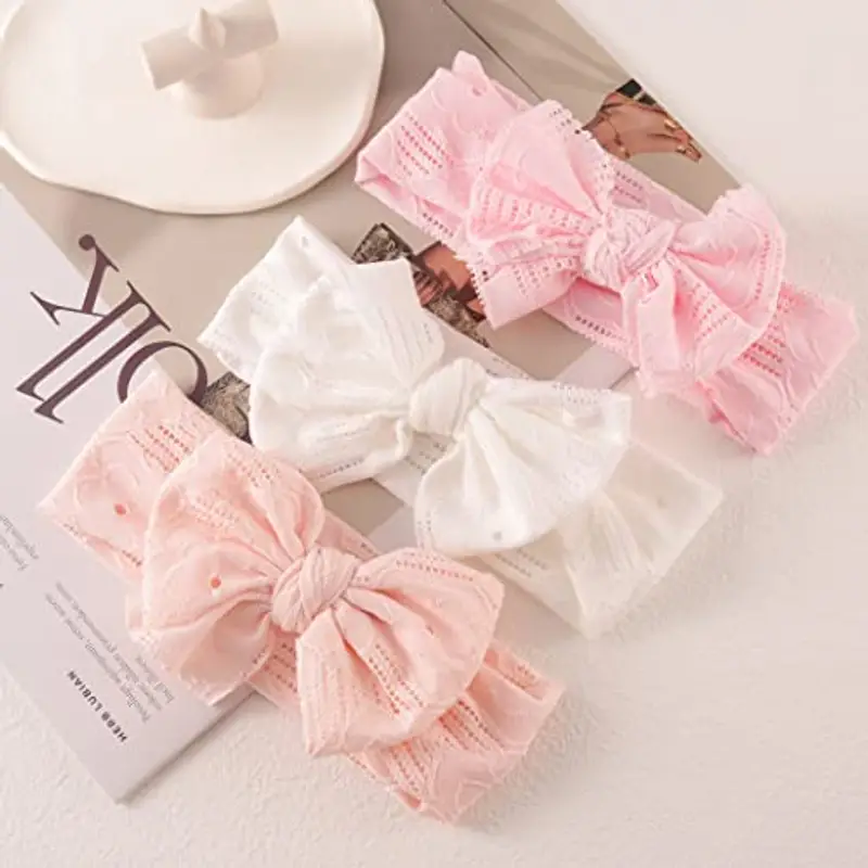 Fashband Baby Girl Fasce in nylon Bowknot Fasce elastiche per capelli Morbido copricapo carino per bambini Neonati (confezione da 3)(Rosa) miniatura 2