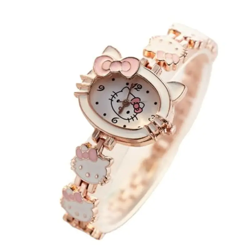 FASHION YO Orologio analogico al quarzo con cinturino in acciaio inox, motivo: gatti e ragazze, idea regalo per bambini, Hello Kitty Bianco, Moderno