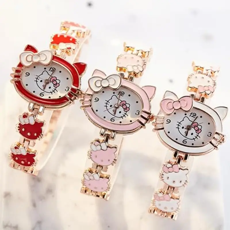 FASHION YO Orologio analogico al quarzo con cinturino in acciaio inox, motivo: gatti e ragazze, idea regalo per bambini, Hello Kitty Bianco, Moderno miniatura 2
