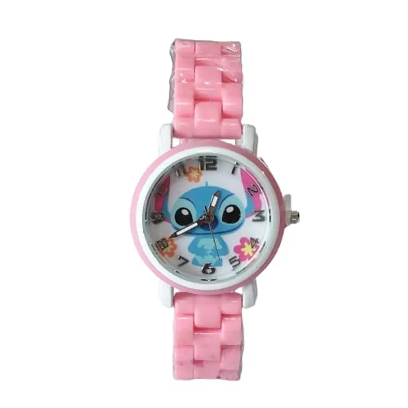 FASHION YO Orologio analogico al quarzo con cinturino in acciaio inox, motivo: gatti e ragazze, idea regalo per bambini, Stitch Rosa, Bracciale