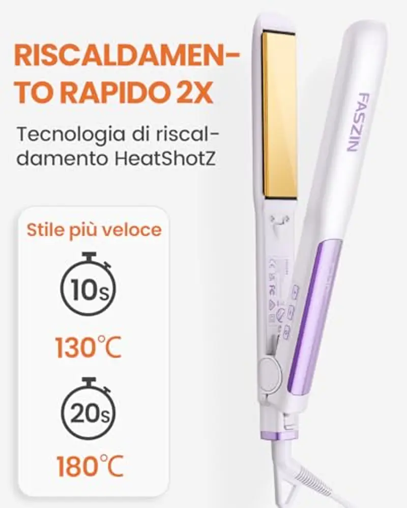 Faszin Piastra Capelli Professionale 2-In-1, Piastre Ioniche di Titanio, Riscaldamento In Soli 20 Secondi, Display LCD Chiaro, Ideale Per Capelli Lisci, Ricci e Mossi (Bianco-1) miniatura 2