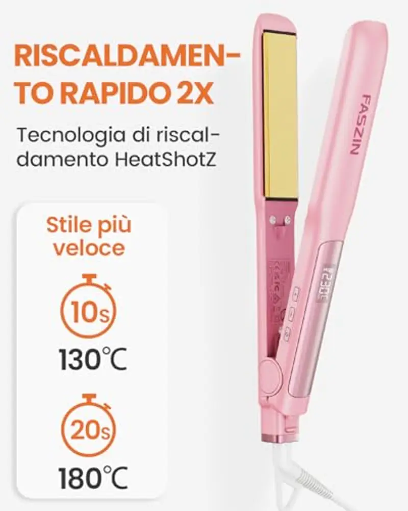 Faszin Piastra Capelli Professionale 2-In-1, Piastre Ioniche di Titanio, Riscaldamento In Soli 20 Secondi, Display LCD Chiaro, Ideale Per Capelli Lisci, Ricci e Mossi, Rosa miniatura 2