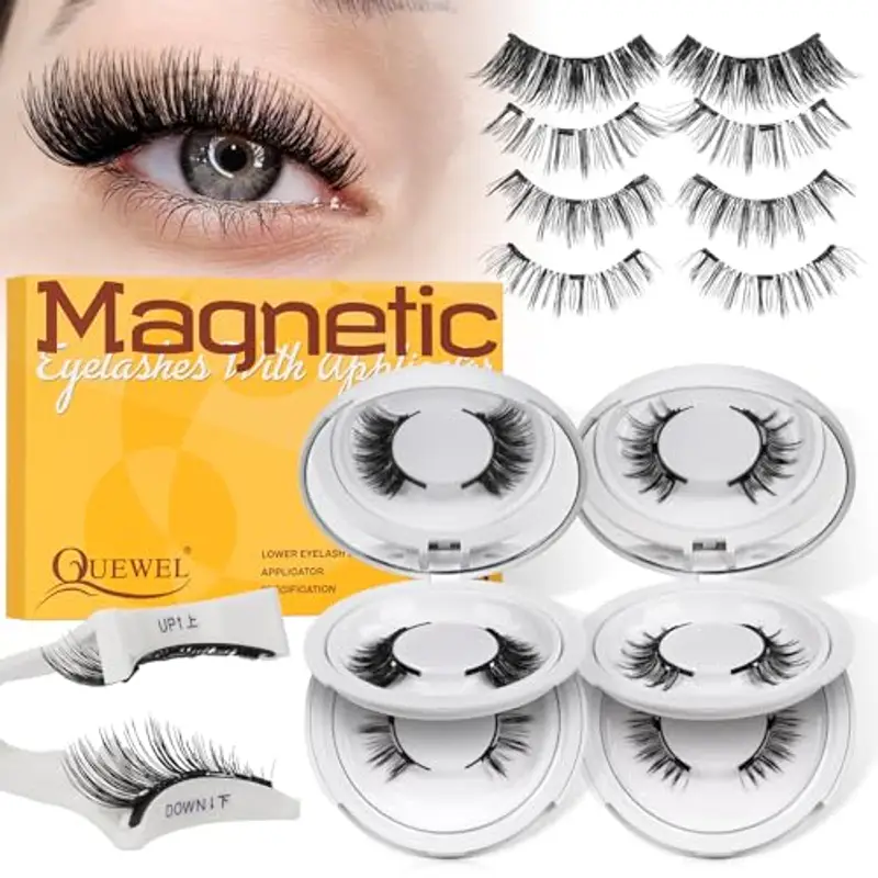 Faux Cils Magnetique aspect naturel 4 paires, aucune colle requise, ensemble de cils magnétiques réutilisables avec applicateur, faciles à porter avec instructions (4 paires B)
