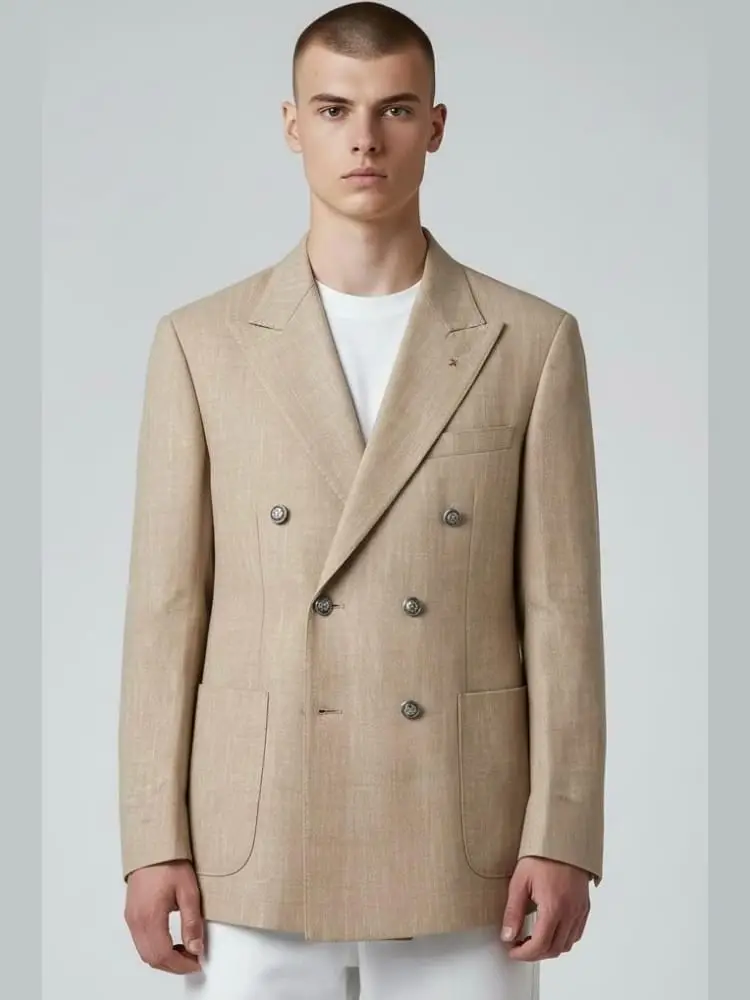 giacca doppiopetto in jersey strech effetto grisaglia beige bottone in acciao brunito