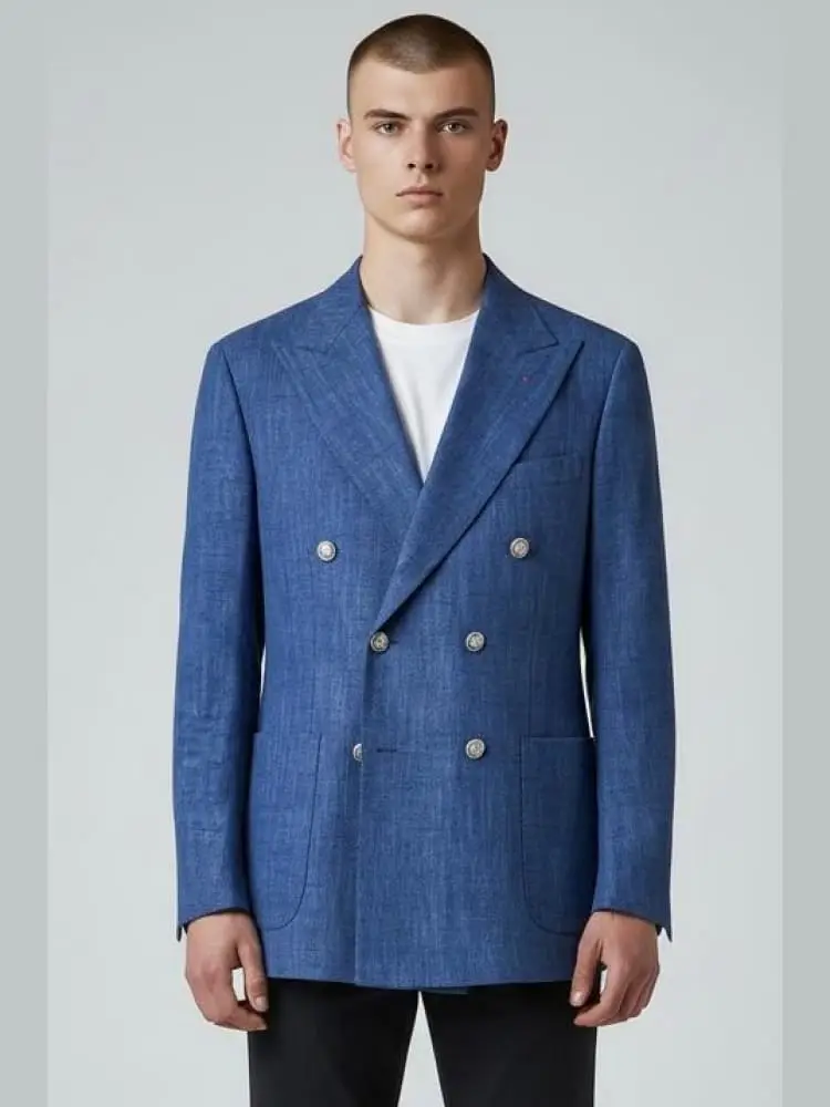 giacca doppiopetto in jersey strech effetto grisaglia bluette bottone in acciao brunito