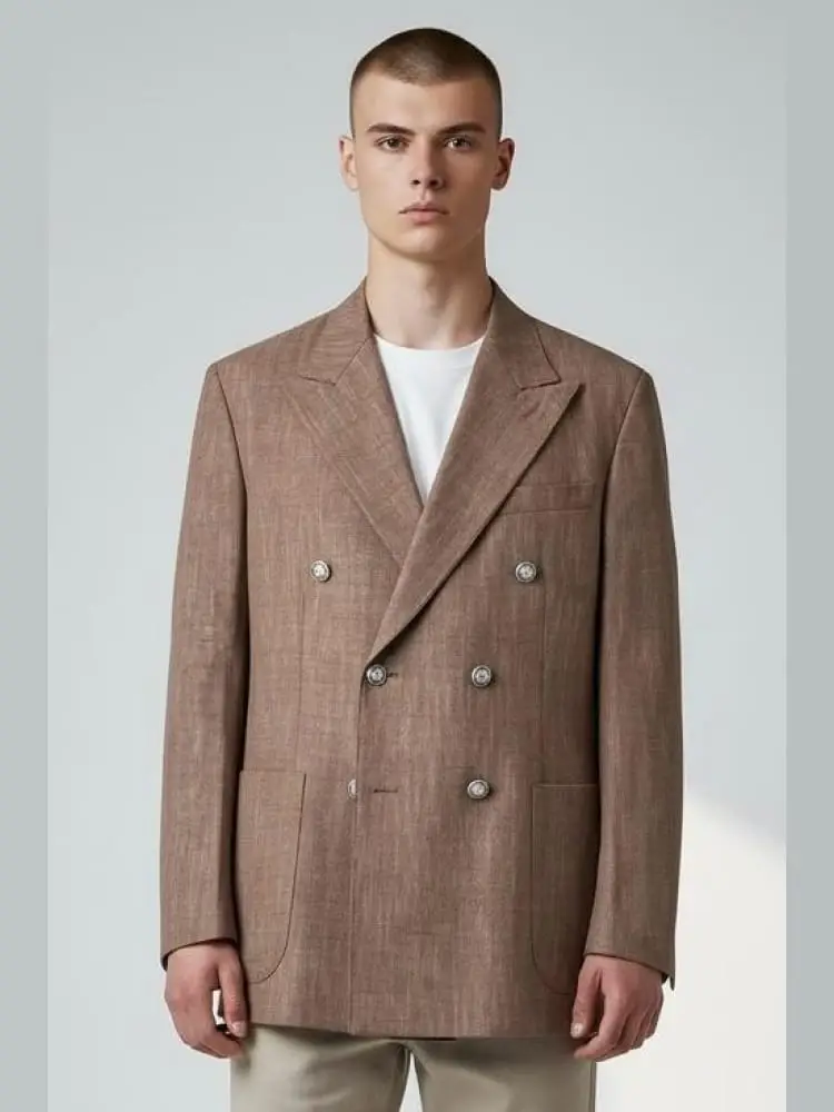giacca doppiopetto in jersey strech effetto grisaglia moro bottone in acciao brunito