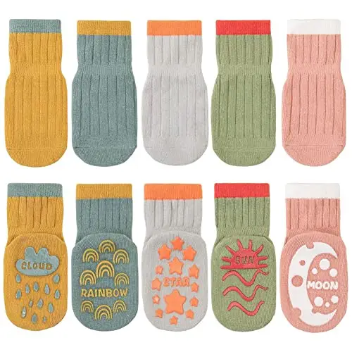 FedMois 5 paia calzini antiscivolo in cotone bimbi bambini, cielo, 0