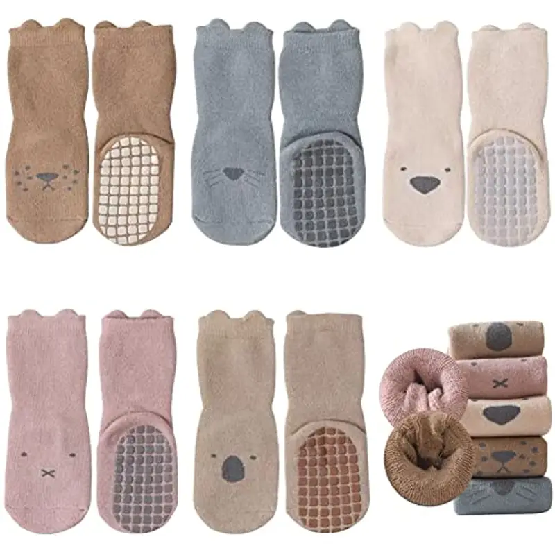 FedMois 5 paia calzini antiscivolo invernali termici in cotone bimbi bambini, animali, 0