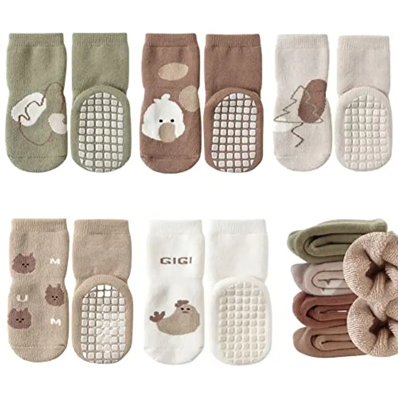 FedMois 5 paia calzini antiscivolo invernali termici in cotone bimbi bambini, pulcino, 0