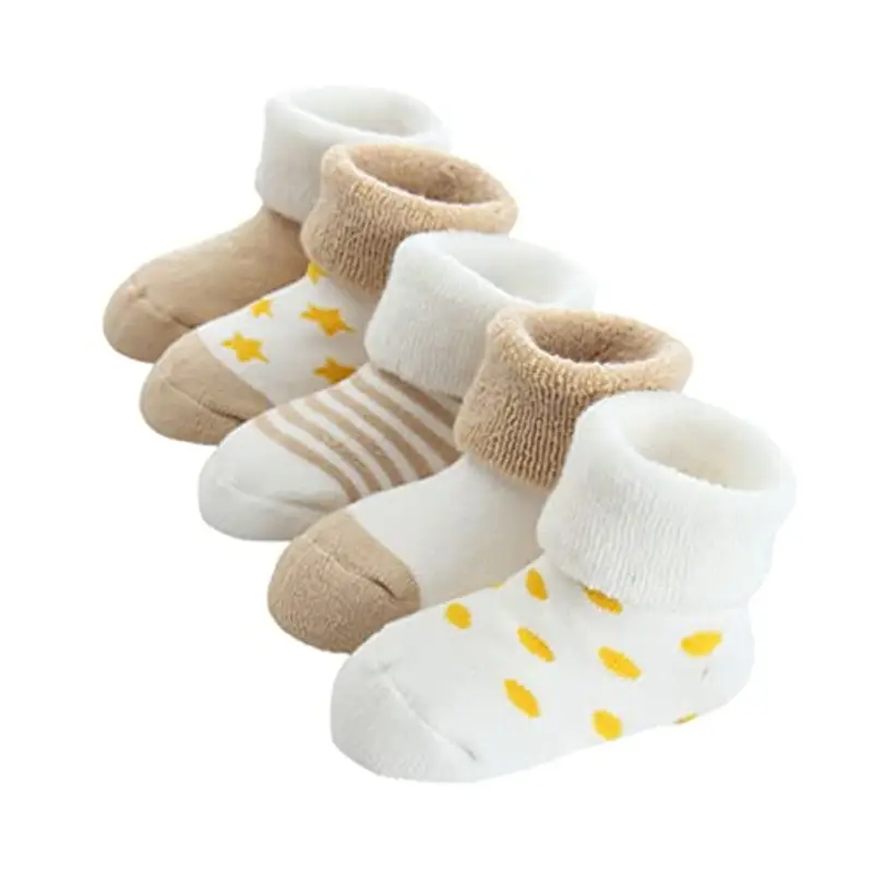 FedMois 5 Paia Calzini Cotone Invernali Termici Neonati Bambini, Beige, 12-24 mesi