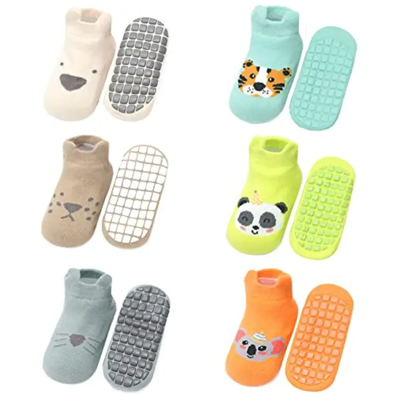 FedMois 6 paia calzini antiscivolo in cotone bimbi bambini motivi animali, animali, 0-1 anno