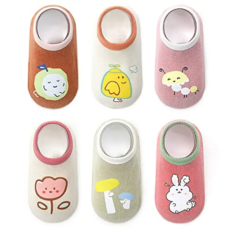 FedMois 6 Paia Calzini Antiscivolo in Cotone Invisibili Bimbi Bambini, Fiori, 0