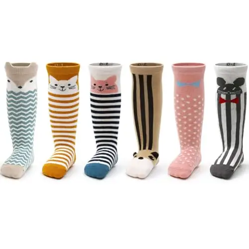 FedMois 6 paia calzini lunghi calzettoni antiscivolo al ginocchio in cotone bimbi bambini, animali, 3