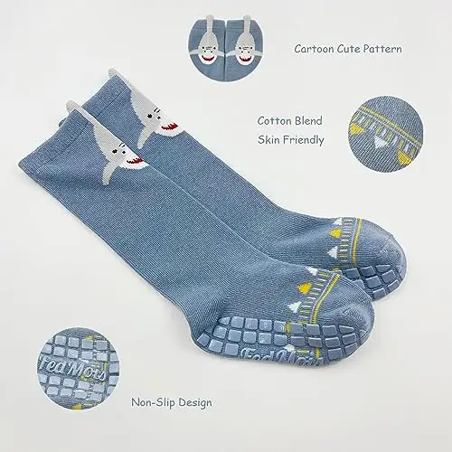 FedMois 6 paia calzini lunghi calzettoni antiscivolo al ginocchio in cotone bimbi bambini, squalo, 3 miniatura 3