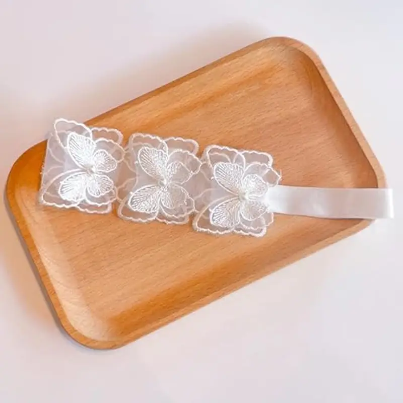 Feifei, fascia per capelli con fiocco in pizzo per neonate, 2 pezzi, con fiocco elastico e nodo miniatura 2