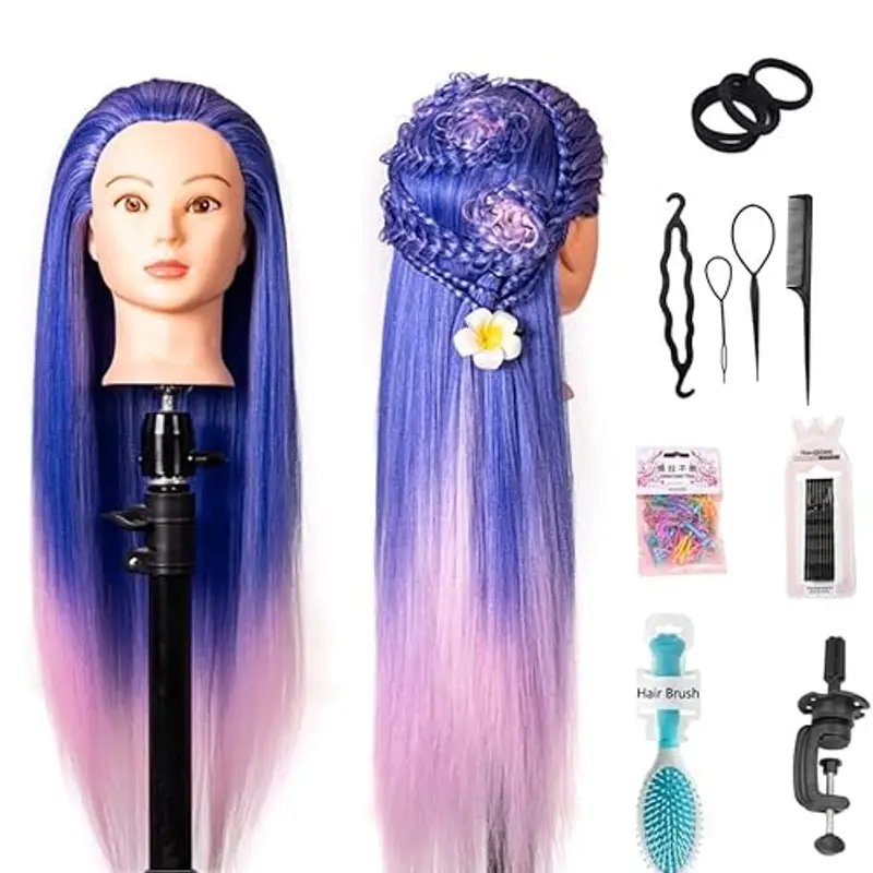 FEIYANJF Testa per parrucchieri,26Inch Testina Parrucchiere Capelli 100% Sintetica, Professionale Testa per Acconciature Testa Parrucchiera con Staffa+ DIY Accessori (blu polvere)
