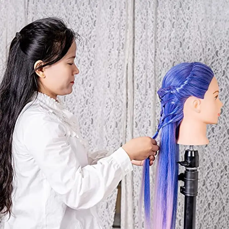 FEIYANJF Testa per parrucchieri, 26Inch Testina Parrucchiere Capelli 100% Sintetica, Professionale Testa per Acconciature Testa Parrucchiera con Staffa+ DIY Accessori (blu polvere) miniatura 3