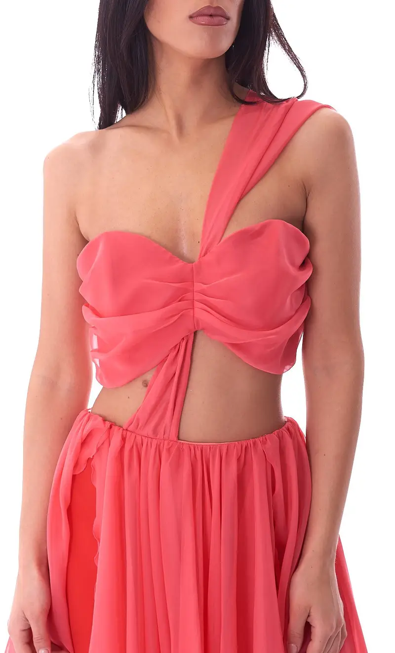 Abito lungo feleppa monospalla asimmetrico, colore corallo miniatura 2