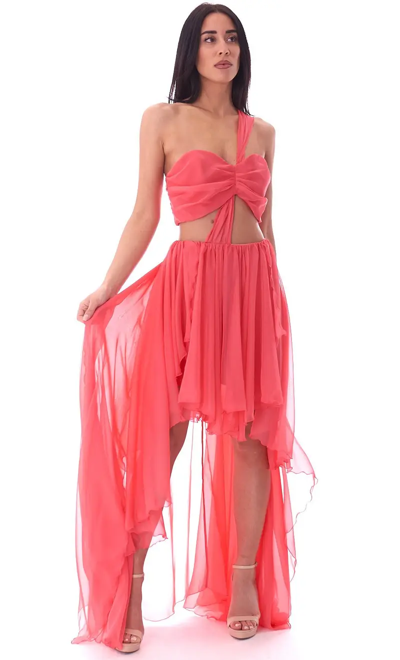 Abito lungo feleppa monospalla asimmetrico, colore corallo