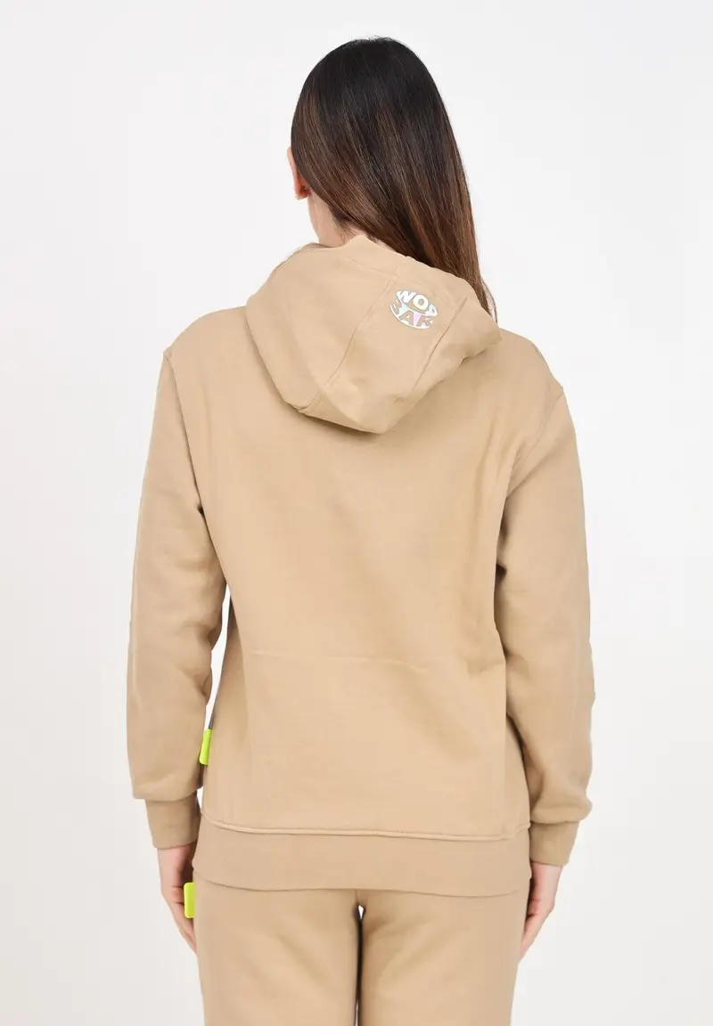 Felpa con cappuccio beige per donna e bambina rifinita da patch logo miniatura 2