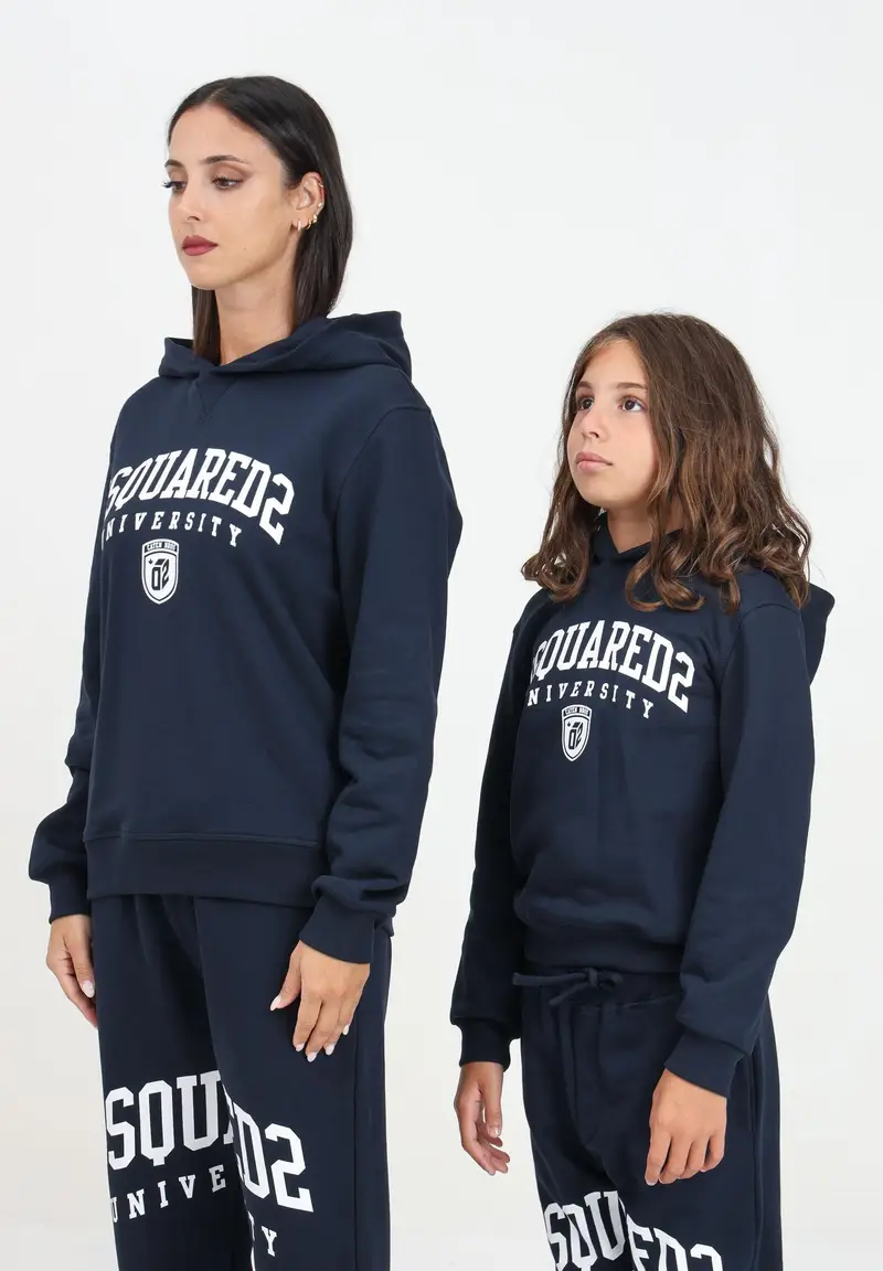 Felpa con cappuccio blu per donna e bambina rifinita da logo stile college