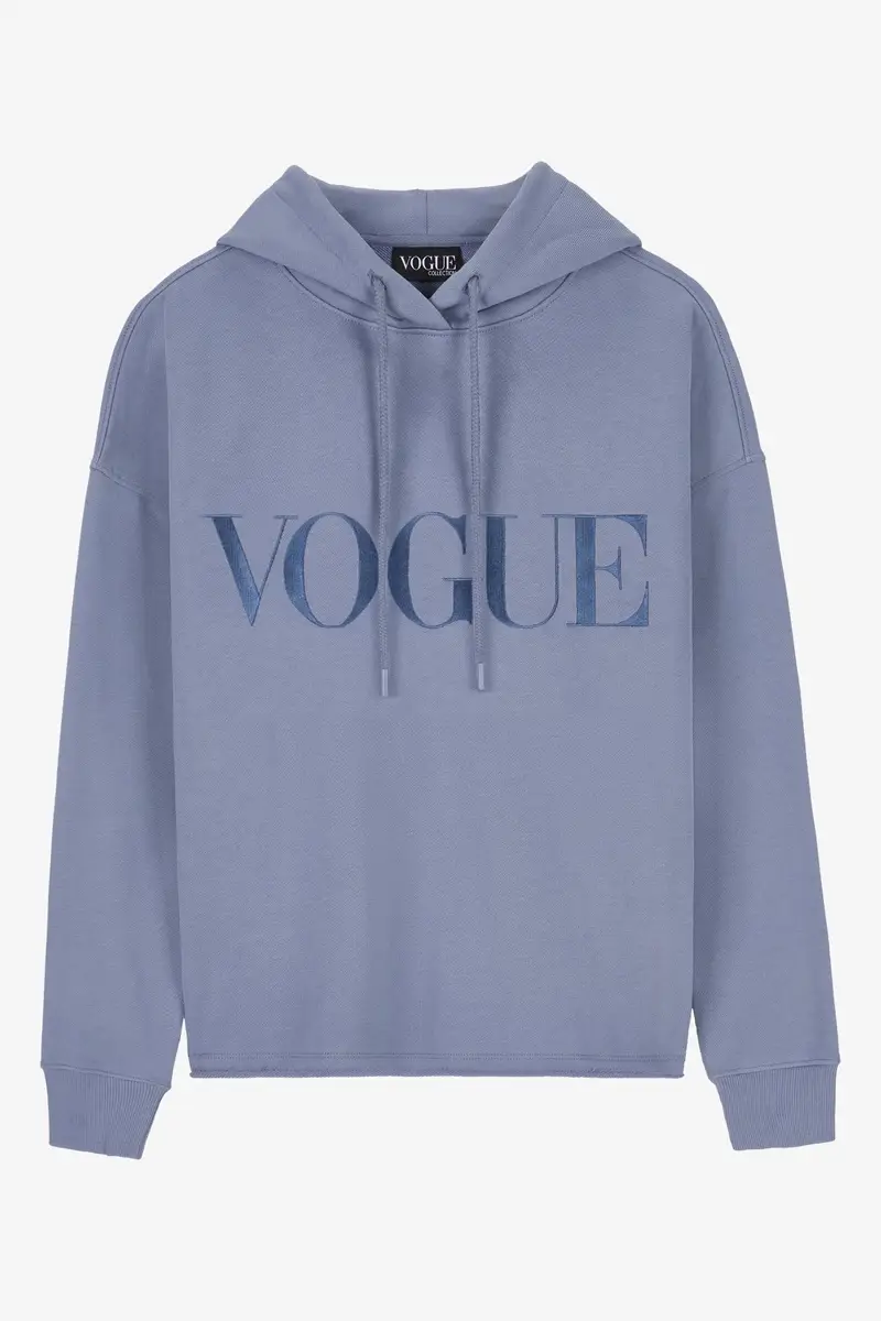 Felpa con cappuccio VOGUE Dusty Pastels blu denim con logo ricamato