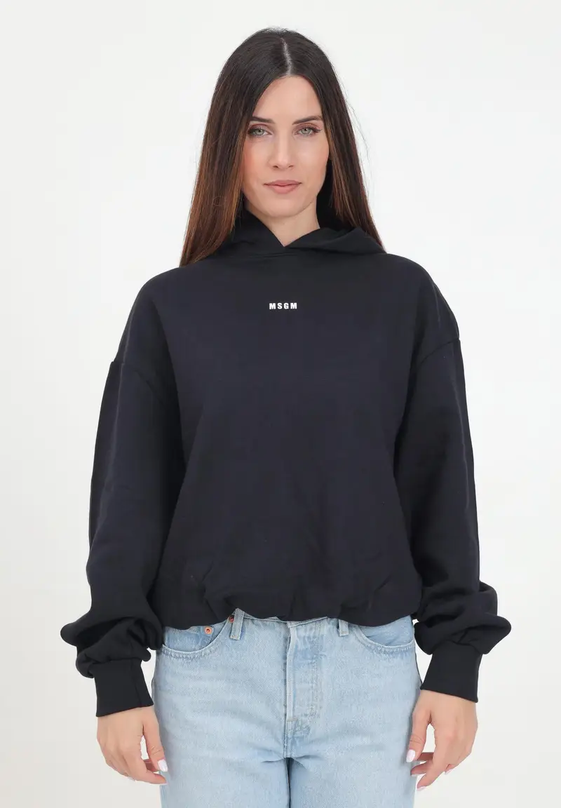 Felpa nera con cappuccio per donna e bambina con stampa logo