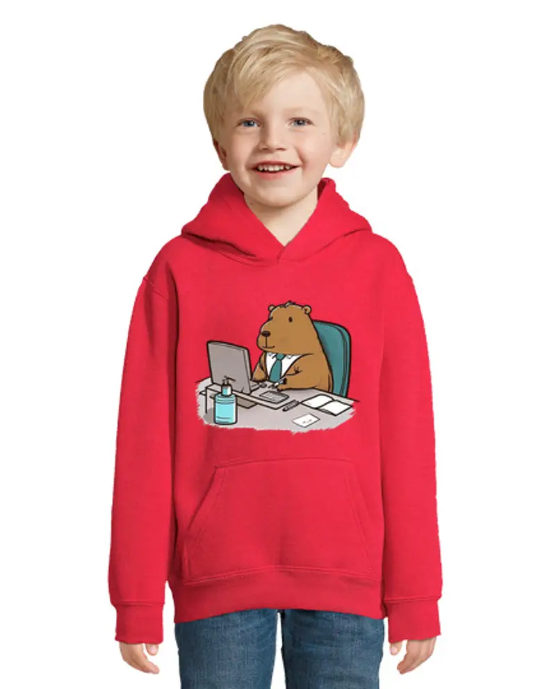 Felpa per bambini con cappuccio capibara in ufficio