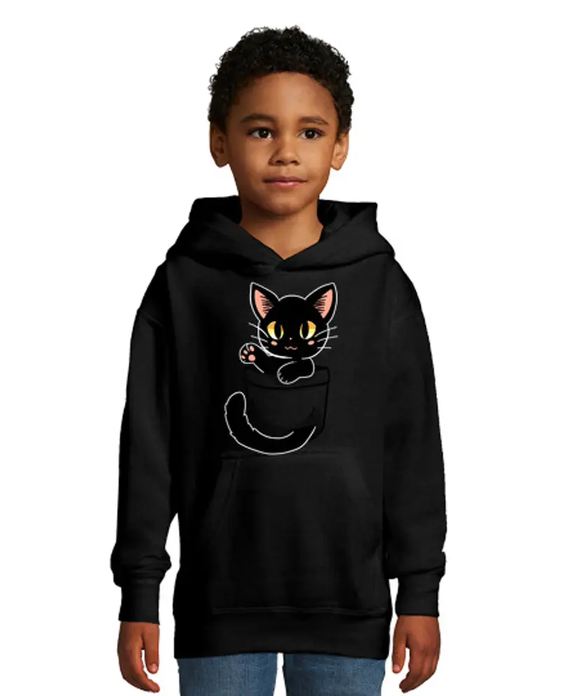 Felpa per bambini con cappuccio tascabile gatto nero carino